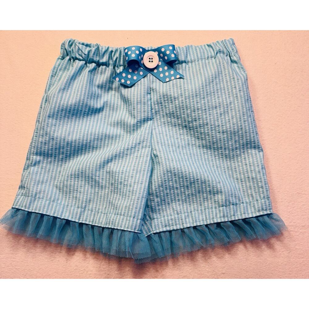 Handmade Blue Shorts With Ruffles Adorable Ribbon, Bow Button Size 3 